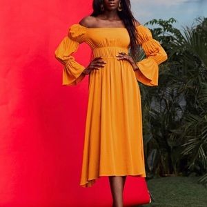 2/$20 Solid off shoulder flounce sleeve ruched waist dress